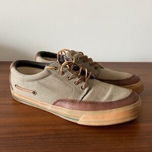 Polo Ralph Lauren Vance Side Lace Canvas Leather Boat Shoes Tan Brown Men's 11D